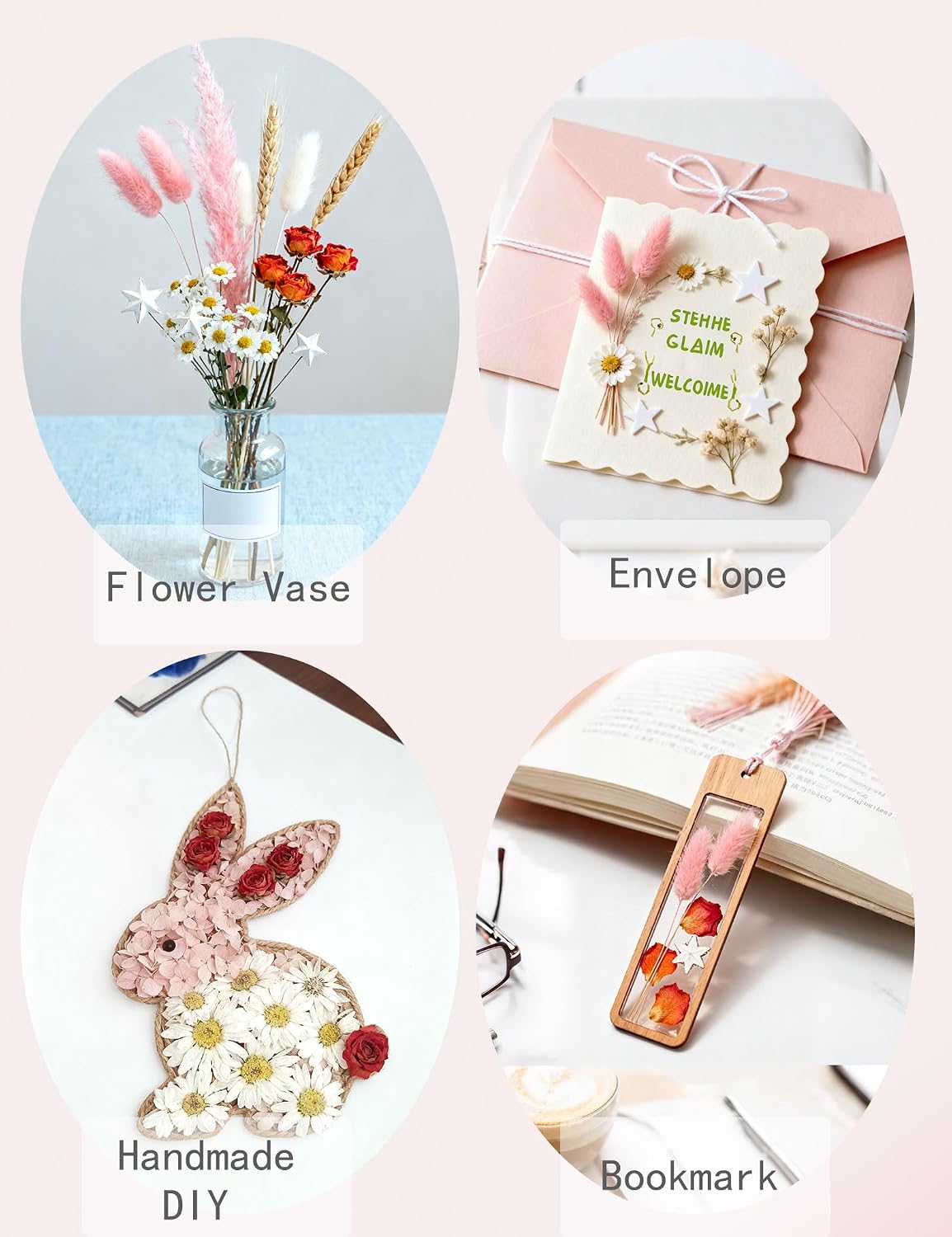 DIY Natural Dried Flower Set for Vase, Bulk Boho Dried Flowers with Stems,Fall Decor, Mini Flower Arrangements.(Pink)