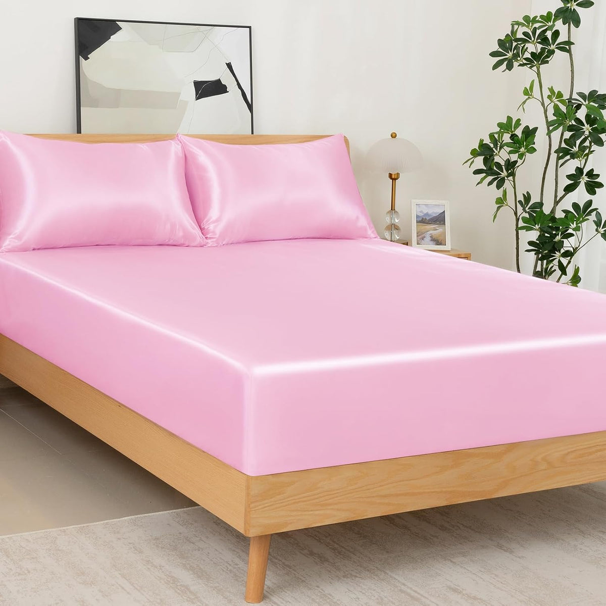 3 Pcs Satin Fitted Sheet Set Queen Pink 15 Inch Deep Pocket