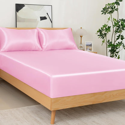 3 Pcs Satin Fitted Sheet Set Queen Pink 15 Inch Deep Pocket