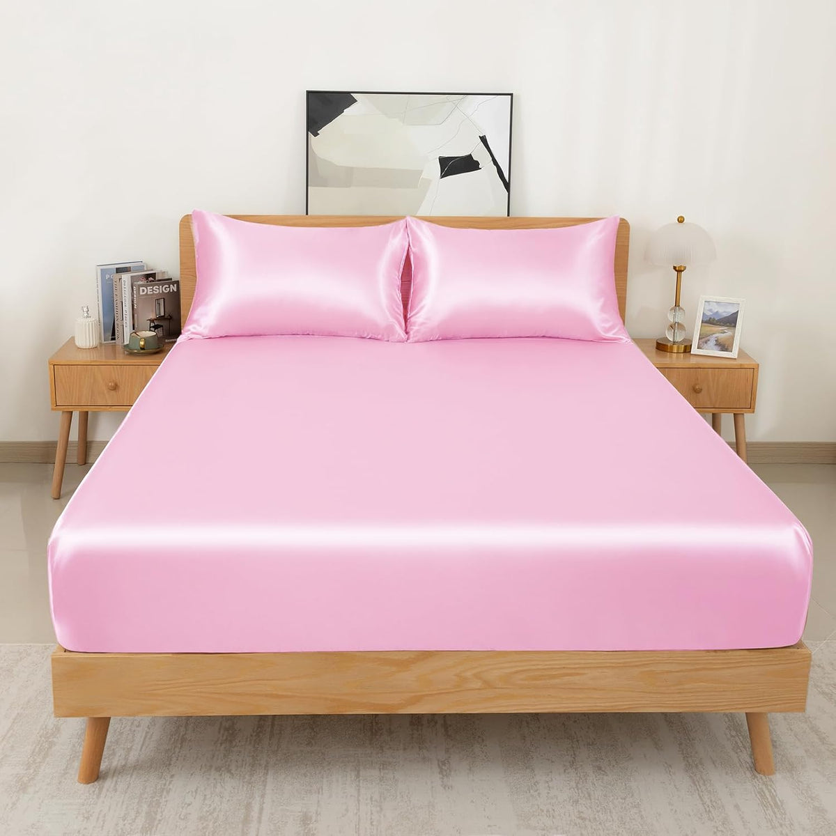 3 Pcs Satin Fitted Sheet Set Queen Pink 15 Inch Deep Pocket