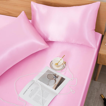 3 Pcs Satin Fitted Sheet Set Queen Pink 15 Inch Deep Pocket
