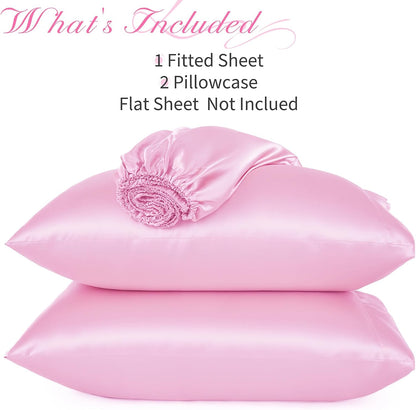 3 Pcs Satin Fitted Sheet Set Queen Pink 15 Inch Deep Pocket