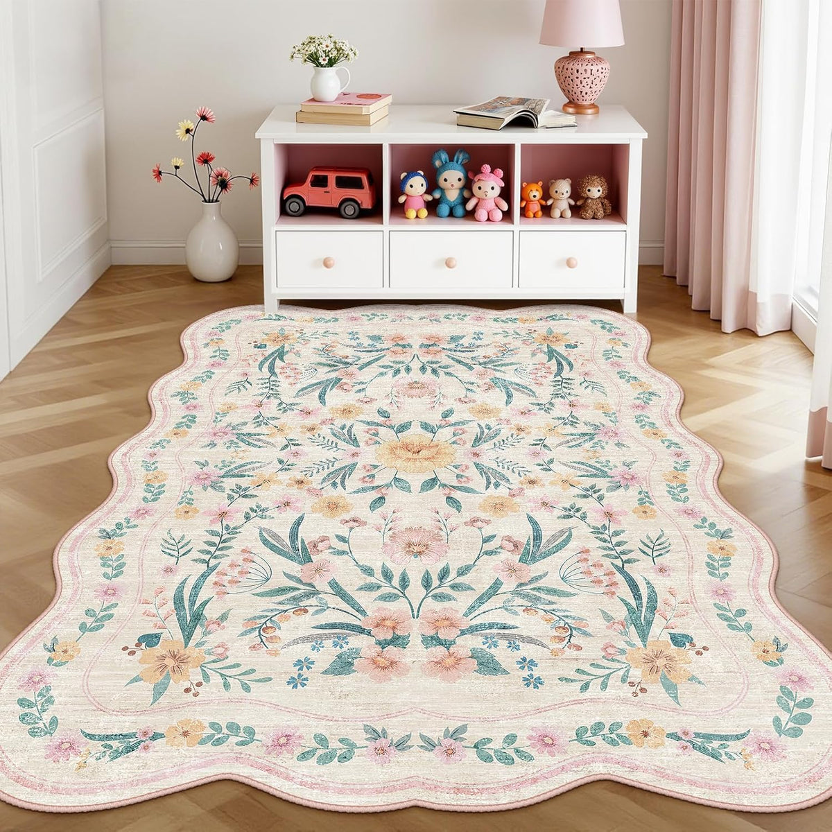 Pink Floral Rug 5X7 for Girls Bedroom or Nursery, Scalloped Washable Non-Slip Area Rug, Cute Soft Boho Carpet for Kids Room, Dorm, or Playroom