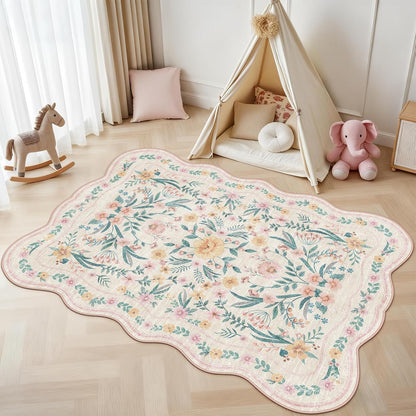 Pink Floral Rug 5X7 for Girls Bedroom or Nursery, Scalloped Washable Non-Slip Area Rug, Cute Soft Boho Carpet for Kids Room, Dorm, or Playroom