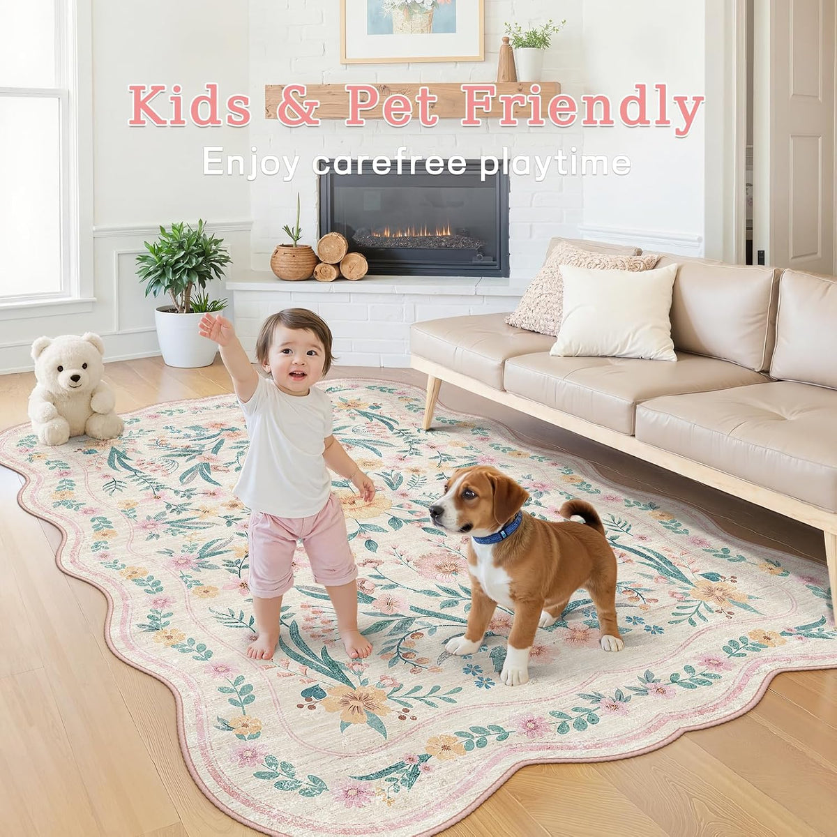Pink Floral Rug 5X7 for Girls Bedroom or Nursery, Scalloped Washable Non-Slip Area Rug, Cute Soft Boho Carpet for Kids Room, Dorm, or Playroom