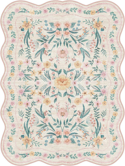 Pink Floral Rug 5X7 for Girls Bedroom or Nursery, Scalloped Washable Non-Slip Area Rug, Cute Soft Boho Carpet for Kids Room, Dorm, or Playroom