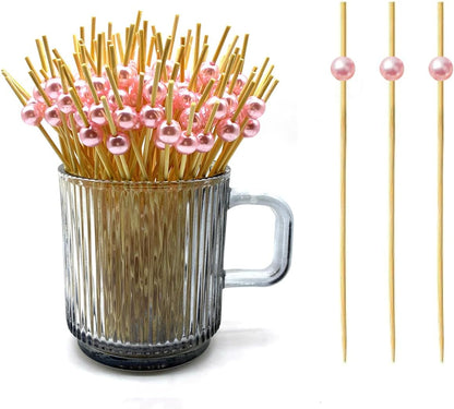 120 pcs 5.9in long Pearl Cocktail Picks,Pink Ball Food Sticks Charcuterie Boards Accessories,Bamboo Skewers for Appetizers Drinks Fruit.