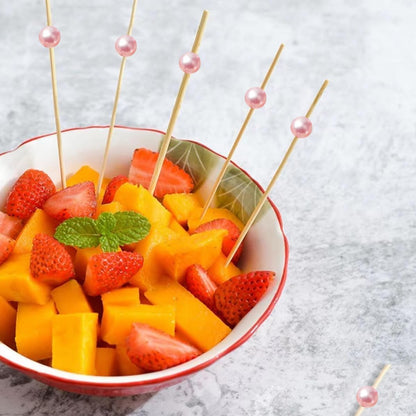 120 pcs 5.9in long Pearl Cocktail Picks,Pink Ball Food Sticks Charcuterie Boards Accessories,Bamboo Skewers for Appetizers Drinks Fruit.