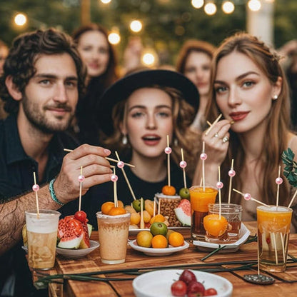 120 pcs 5.9in long Pearl Cocktail Picks,Pink Ball Food Sticks Charcuterie Boards Accessories,Bamboo Skewers for Appetizers Drinks Fruit.