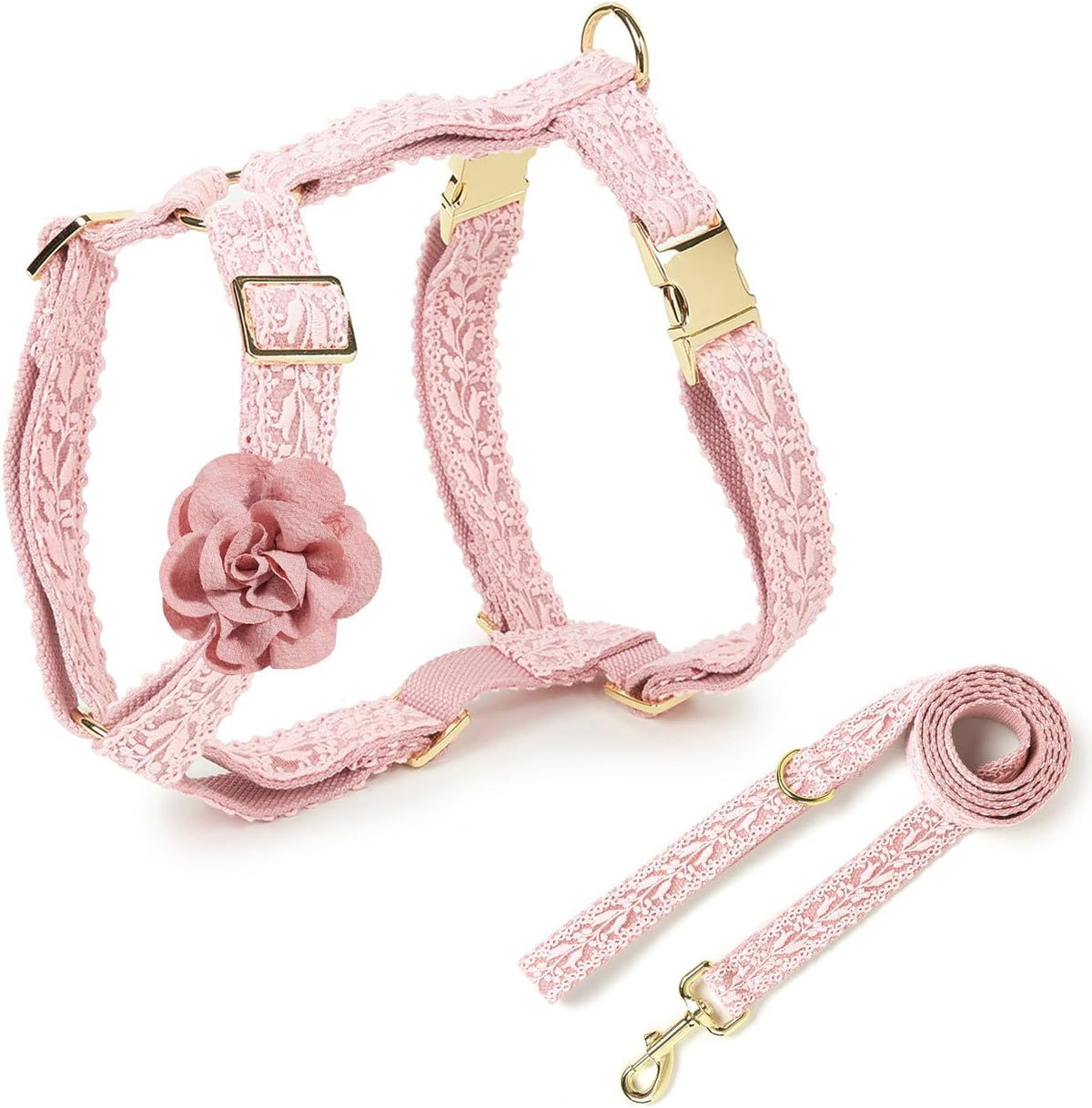 Large Dog Harness and Leash Set, Adjustable No Pull Pet Halter Harness with Flower & Metal Buckle, Easy Control for Training Walking, Pink,L