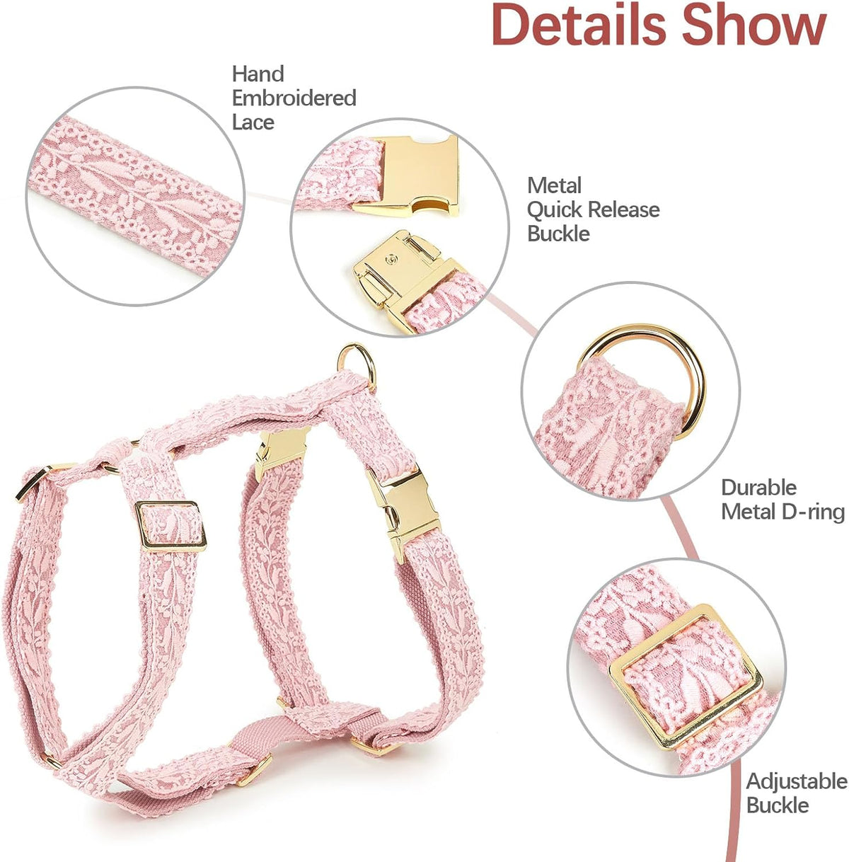 Large Dog Harness and Leash Set, Adjustable No Pull Pet Halter Harness with Flower & Metal Buckle, Easy Control for Training Walking, Pink,L