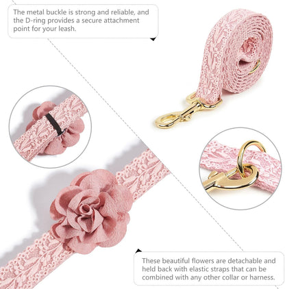 Large Dog Harness and Leash Set, Adjustable No Pull Pet Halter Harness with Flower & Metal Buckle, Easy Control for Training Walking, Pink,L
