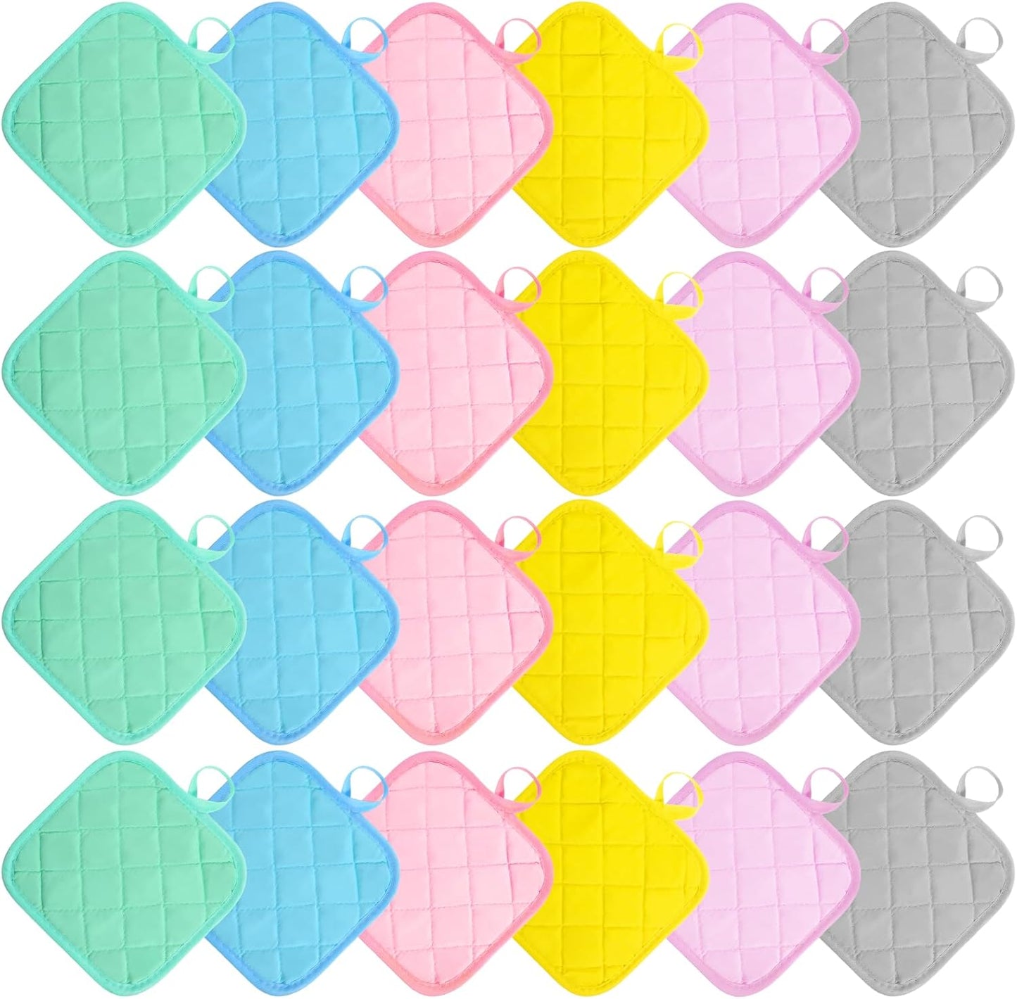 24 Pcs Cotton Pot Holders for Kitchen, Multicolor Square Hot Pads, Thicken Heat Resistant Potholders, Cloth Potholders for Hot, Trivet for Cooking and Baking with Hanging Loops, 6.9 x 6.7 Inch