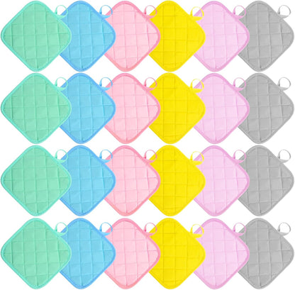24 Pcs Cotton Pot Holders for Kitchen, Multicolor Square Hot Pads, Thicken Heat Resistant Potholders, Cloth Potholders for Hot, Trivet for Cooking and Baking with Hanging Loops, 6.9 x 6.7 Inch