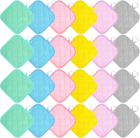 24 Pcs Cotton Pot Holders for Kitchen, Multicolor Square Hot Pads, Thicken Heat Resistant Potholders, Cloth Potholders for Hot, Trivet for Cooking and Baking with Hanging Loops, 6.9 x 6.7 Inch