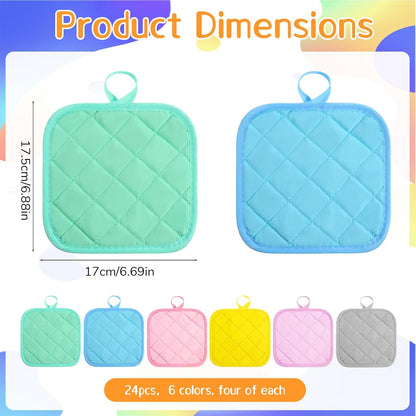 24 Pcs Cotton Pot Holders for Kitchen, Multicolor Square Hot Pads, Thicken Heat Resistant Potholders, Cloth Potholders for Hot, Trivet for Cooking and Baking with Hanging Loops, 6.9 x 6.7 Inch