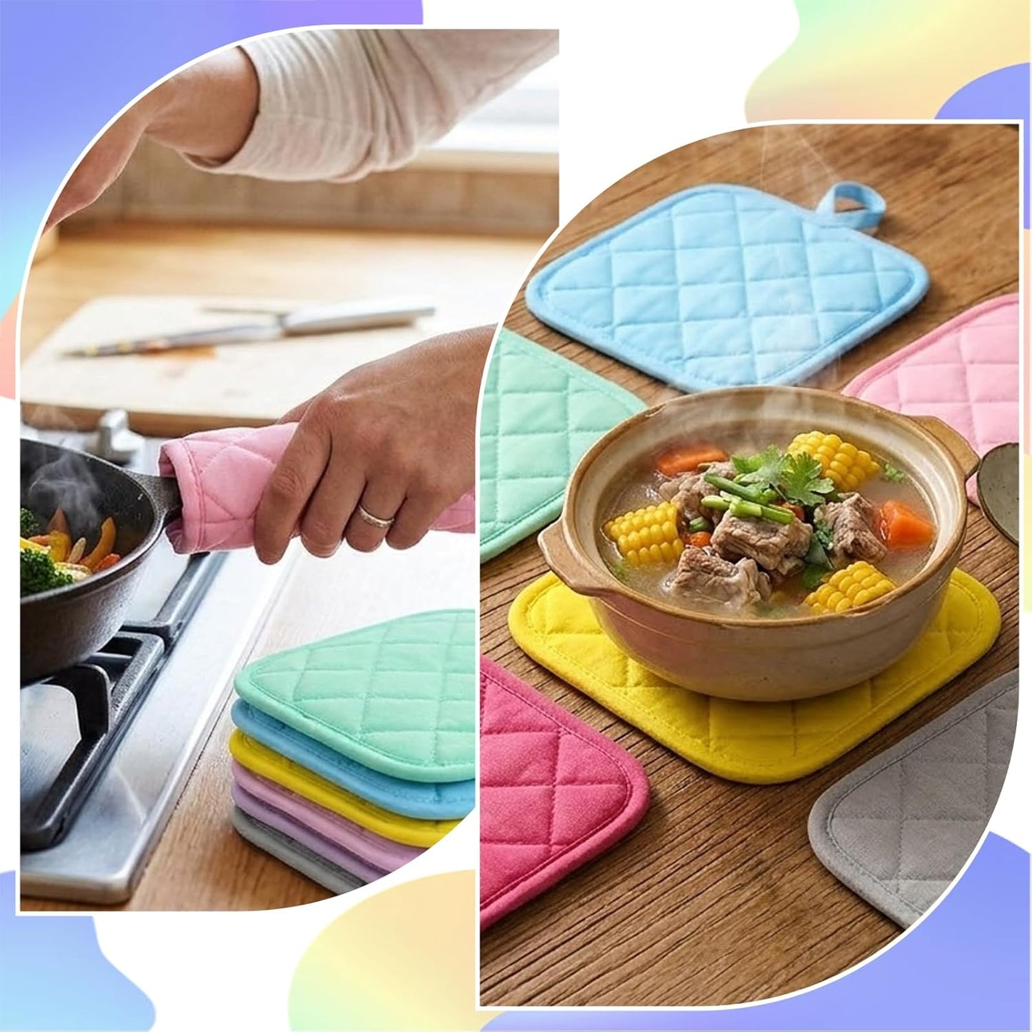 24 Pcs Cotton Pot Holders for Kitchen, Multicolor Square Hot Pads, Thicken Heat Resistant Potholders, Cloth Potholders for Hot, Trivet for Cooking and Baking with Hanging Loops, 6.9 x 6.7 Inch