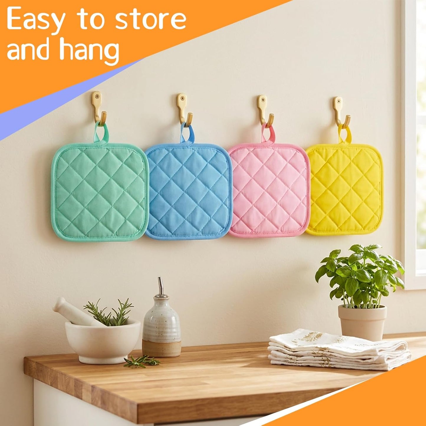 24 Pcs Cotton Pot Holders for Kitchen, Multicolor Square Hot Pads, Thicken Heat Resistant Potholders, Cloth Potholders for Hot, Trivet for Cooking and Baking with Hanging Loops, 6.9 x 6.7 Inch