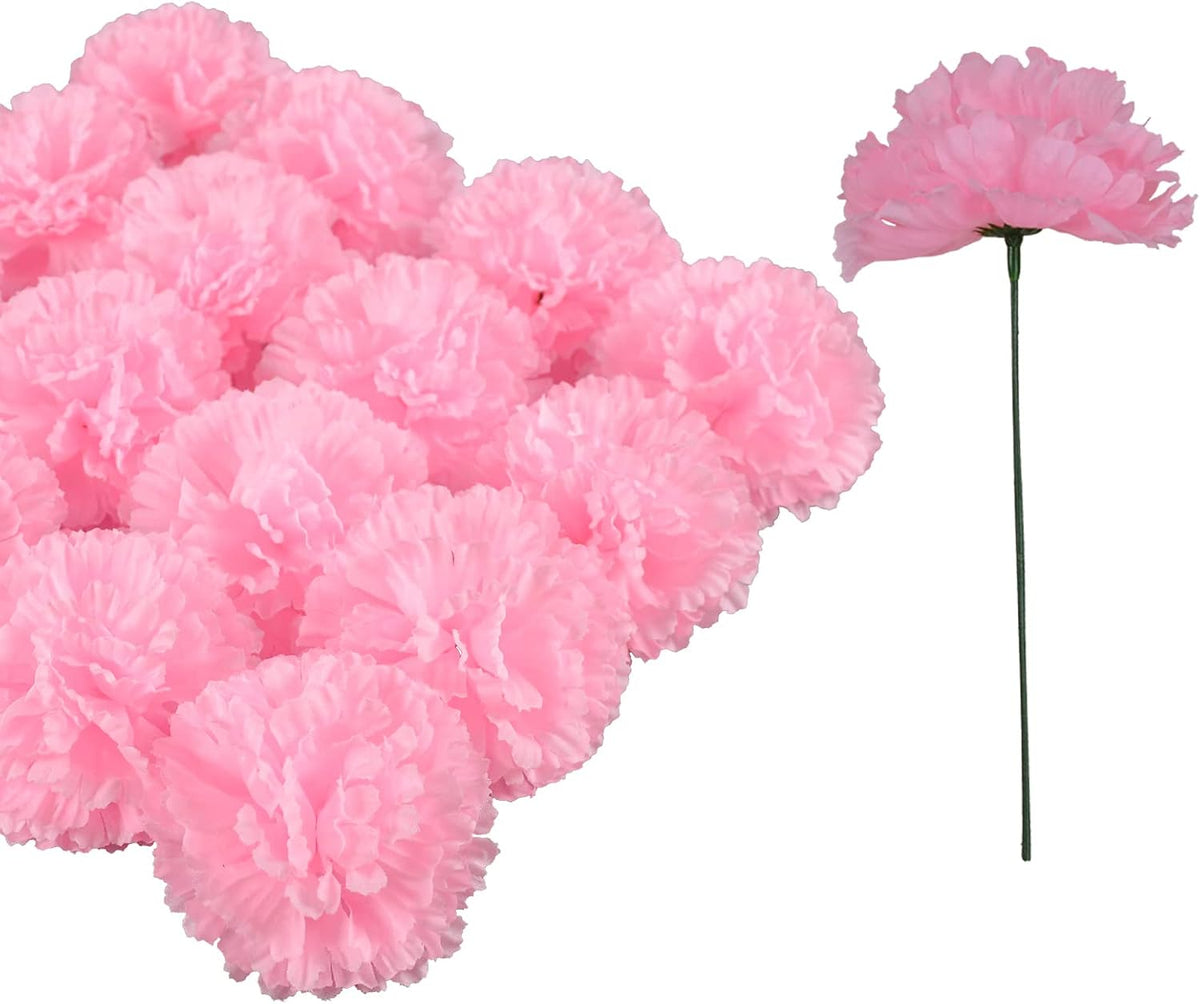 Artificial Carnation Flower, 50 Pcs Pink Silk Carnation Bulk with Stem