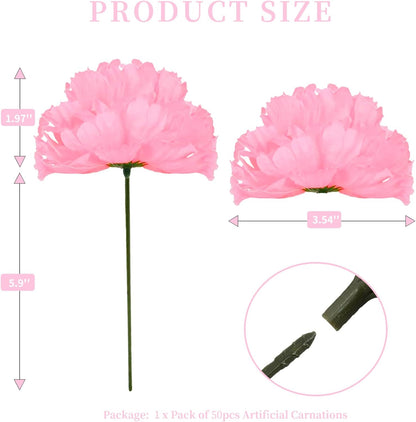 Artificial Carnation Flower, 50 Pcs Pink Silk Carnation Bulk with Stem