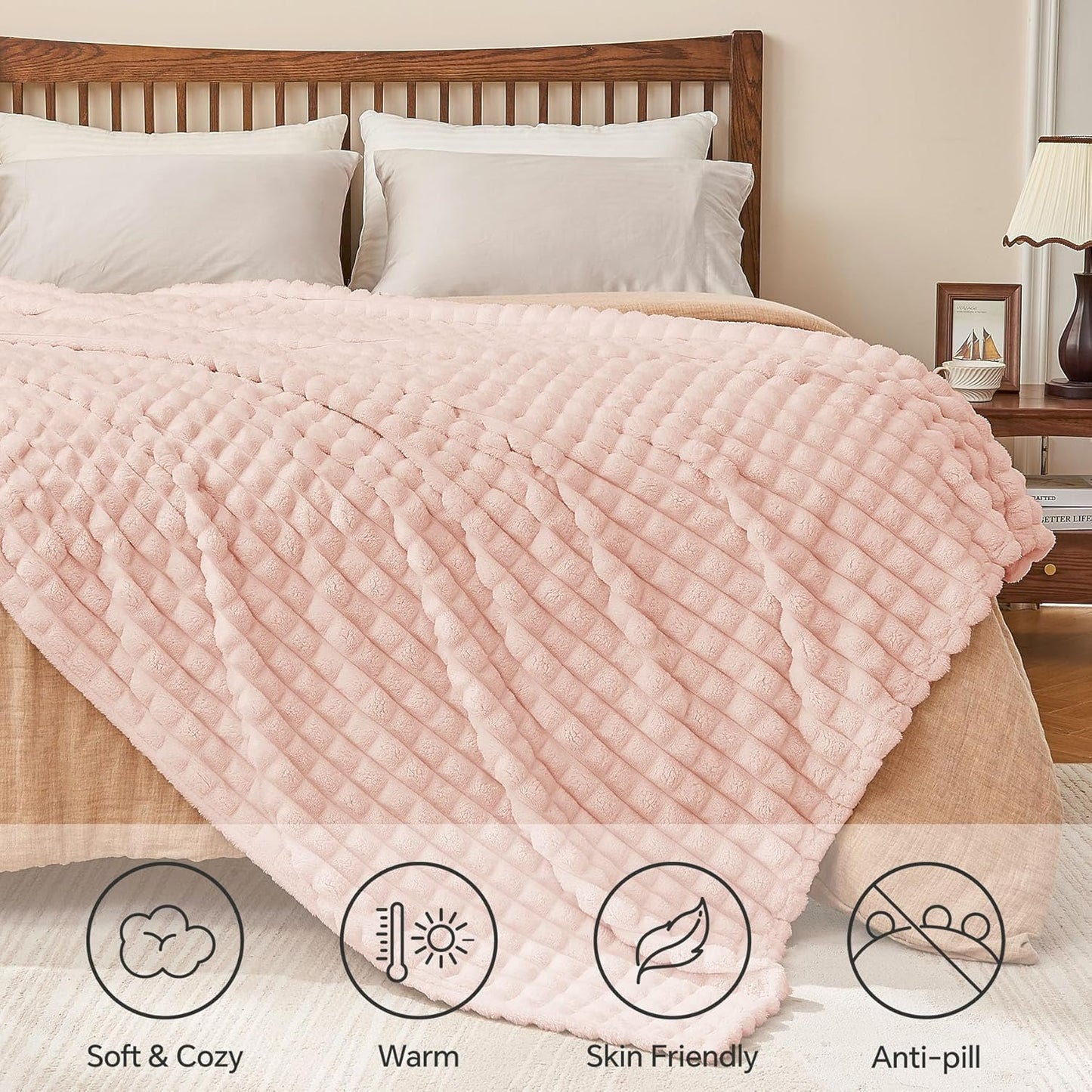 Pink Throw Blanket for Couch - Super Soft Lightweight 3D Checkered Fluffy Fuzzy Fleece Blanket, Luxurious Plush Cozy Summer Blanket for Home Room Decor, Gift for Women, 50x60 inches