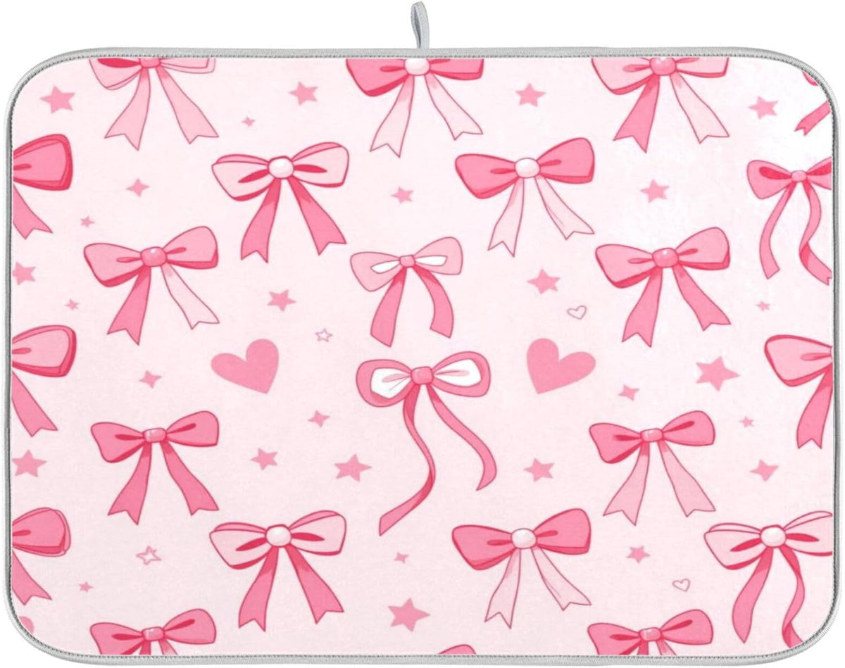 Pink Bows Heart Dish Drying Mat Kitchen Counter Mat Draining Mat Kitchen Accessories Dish Rack Pad for Dishes, Utensils, Countertops, Sinks 18x24in