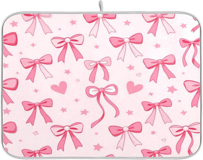 Pink Bows Heart Dish Drying Mat Kitchen Counter Mat Draining Mat Kitchen Accessories Dish Rack Pad for Dishes, Utensils, Countertops, Sinks 18x24in