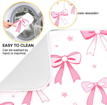 Pink Bows Heart Dish Drying Mat Kitchen Counter Mat Draining Mat Kitchen Accessories Dish Rack Pad for Dishes, Utensils, Countertops, Sinks 18x24in