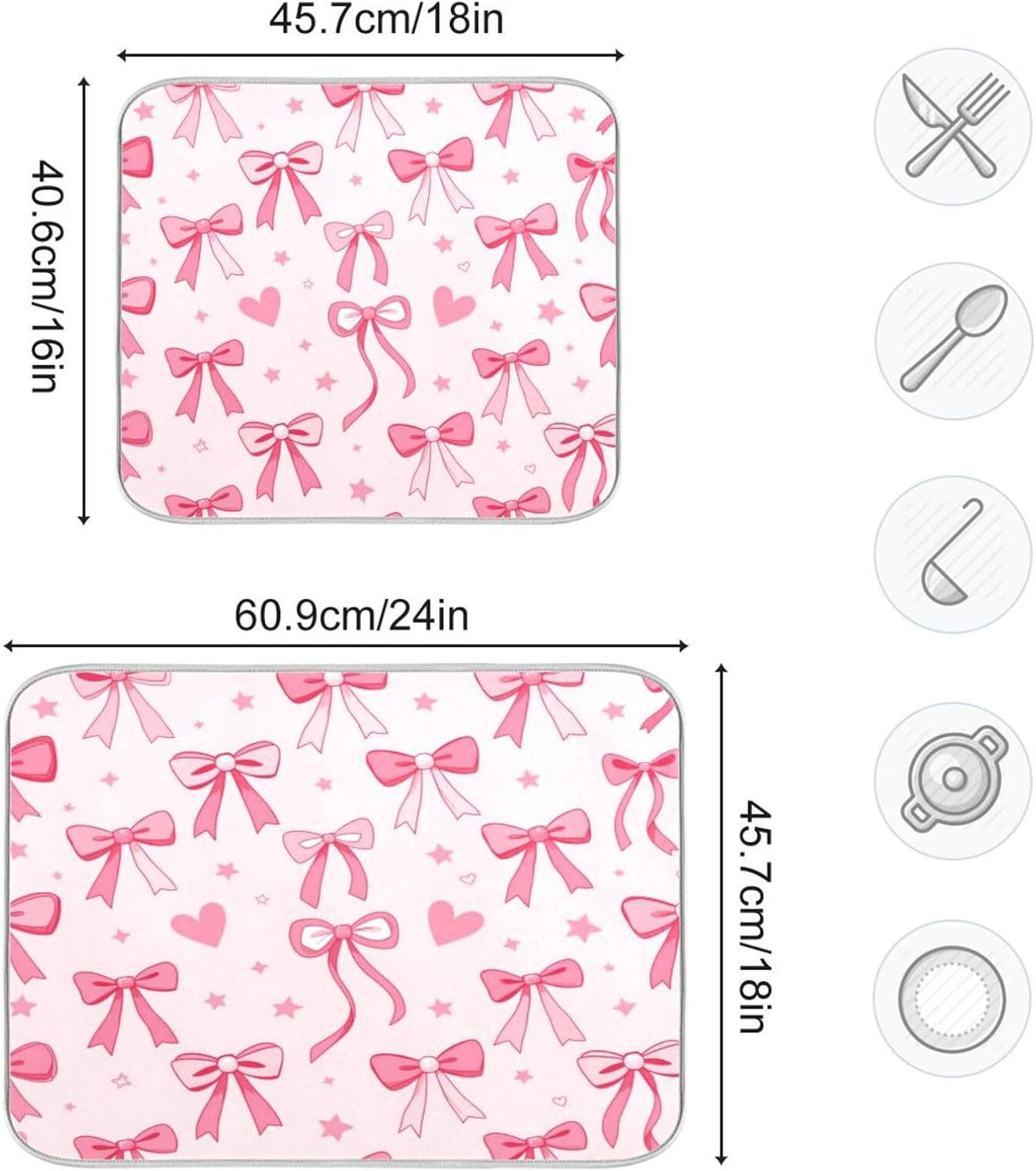 Pink Bows Heart Dish Drying Mat Kitchen Counter Mat Draining Mat Kitchen Accessories Dish Rack Pad for Dishes, Utensils, Countertops, Sinks 18x24in
