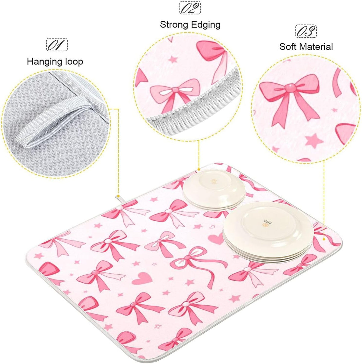 Pink Bows Heart Dish Drying Mat Kitchen Counter Mat Draining Mat Kitchen Accessories Dish Rack Pad for Dishes, Utensils, Countertops, Sinks 18x24in