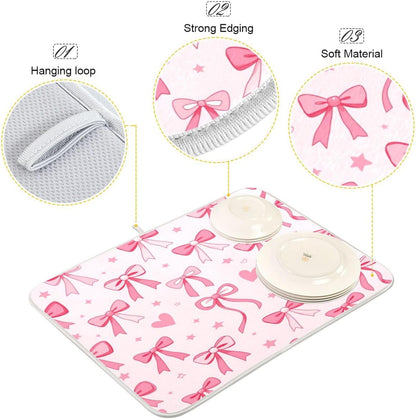 Pink Bows Heart Dish Drying Mat Kitchen Counter Mat Draining Mat Kitchen Accessories Dish Rack Pad for Dishes, Utensils, Countertops, Sinks 18x24in