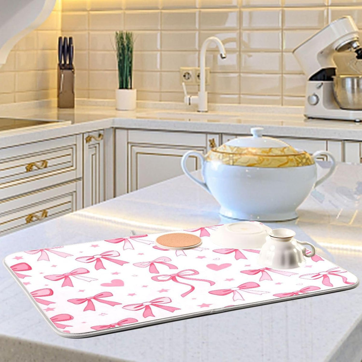 Pink Bows Heart Dish Drying Mat Kitchen Counter Mat Draining Mat Kitchen Accessories Dish Rack Pad for Dishes, Utensils, Countertops, Sinks 18x24in