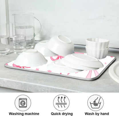Pink Bows Heart Dish Drying Mat Kitchen Counter Mat Draining Mat Kitchen Accessories Dish Rack Pad for Dishes, Utensils, Countertops, Sinks 18x24in