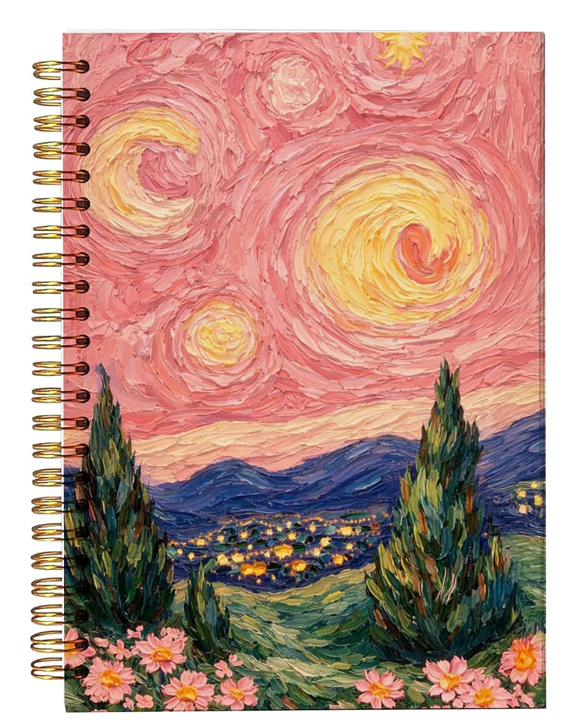 bitCNY Pastel Pink Starry Night Van Gogh Inspired Spiral Notebook, Impressionist Floral Landscape Notebook Journal for Women, Pink Starry Dreamscape Journal, 5.5x8.3 Inch
