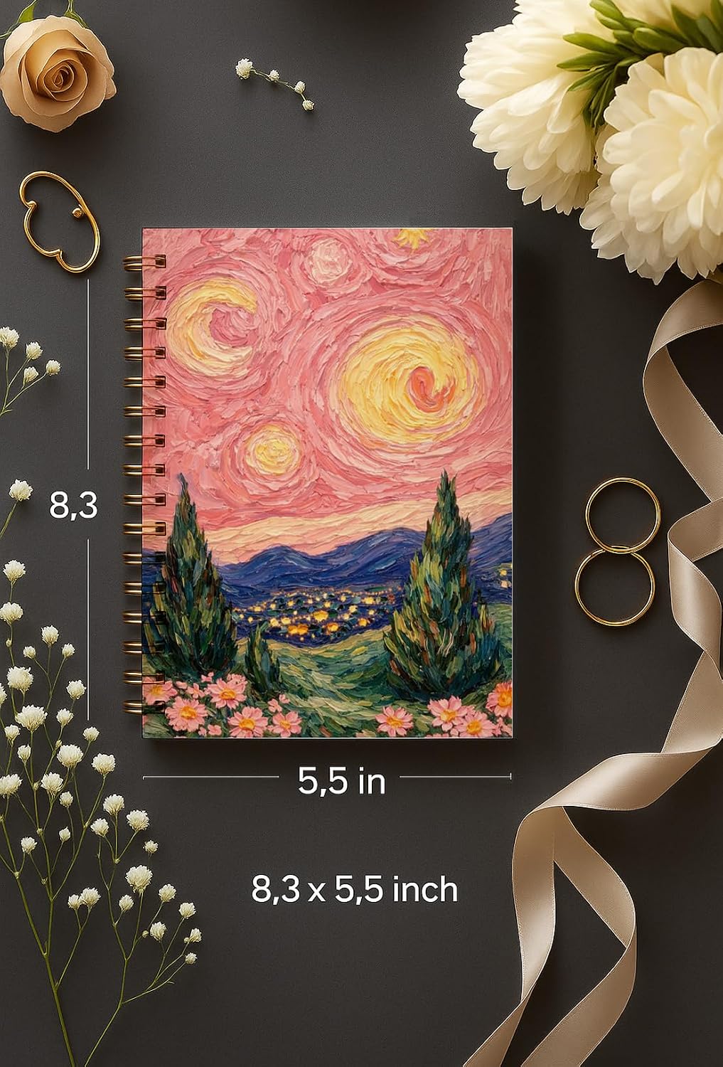 bitCNY Pastel Pink Starry Night Van Gogh Inspired Spiral Notebook, Impressionist Floral Landscape Notebook Journal for Women, Pink Starry Dreamscape Journal, 5.5x8.3 Inch