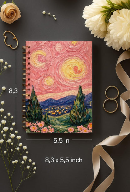 bitCNY Pastel Pink Starry Night Van Gogh Inspired Spiral Notebook, Impressionist Floral Landscape Notebook Journal for Women, Pink Starry Dreamscape Journal, 5.5x8.3 Inch