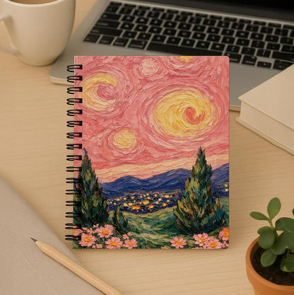 bitCNY Pastel Pink Starry Night Van Gogh Inspired Spiral Notebook, Impressionist Floral Landscape Notebook Journal for Women, Pink Starry Dreamscape Journal, 5.5x8.3 Inch