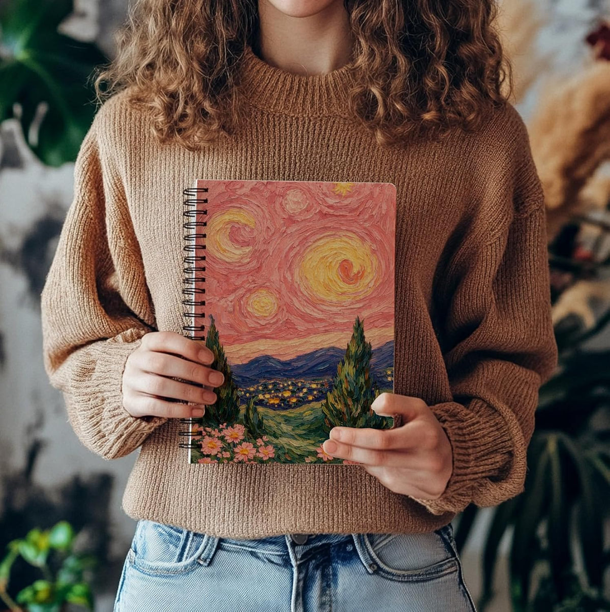 bitCNY Pastel Pink Starry Night Van Gogh Inspired Spiral Notebook, Impressionist Floral Landscape Notebook Journal for Women, Pink Starry Dreamscape Journal, 5.5x8.3 Inch