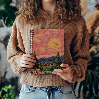 bitCNY Pastel Pink Starry Night Van Gogh Inspired Spiral Notebook, Impressionist Floral Landscape Notebook Journal for Women, Pink Starry Dreamscape Journal, 5.5x8.3 Inch
