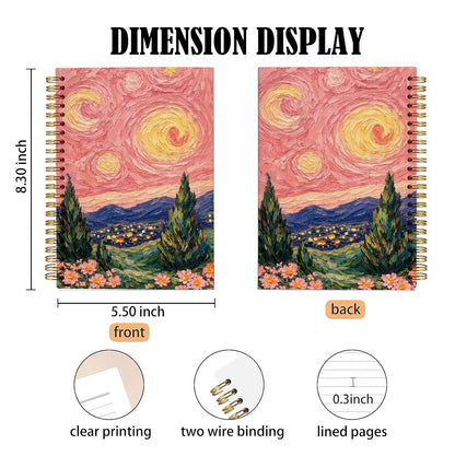 bitCNY Pastel Pink Starry Night Van Gogh Inspired Spiral Notebook, Impressionist Floral Landscape Notebook Journal for Women, Pink Starry Dreamscape Journal, 5.5x8.3 Inch