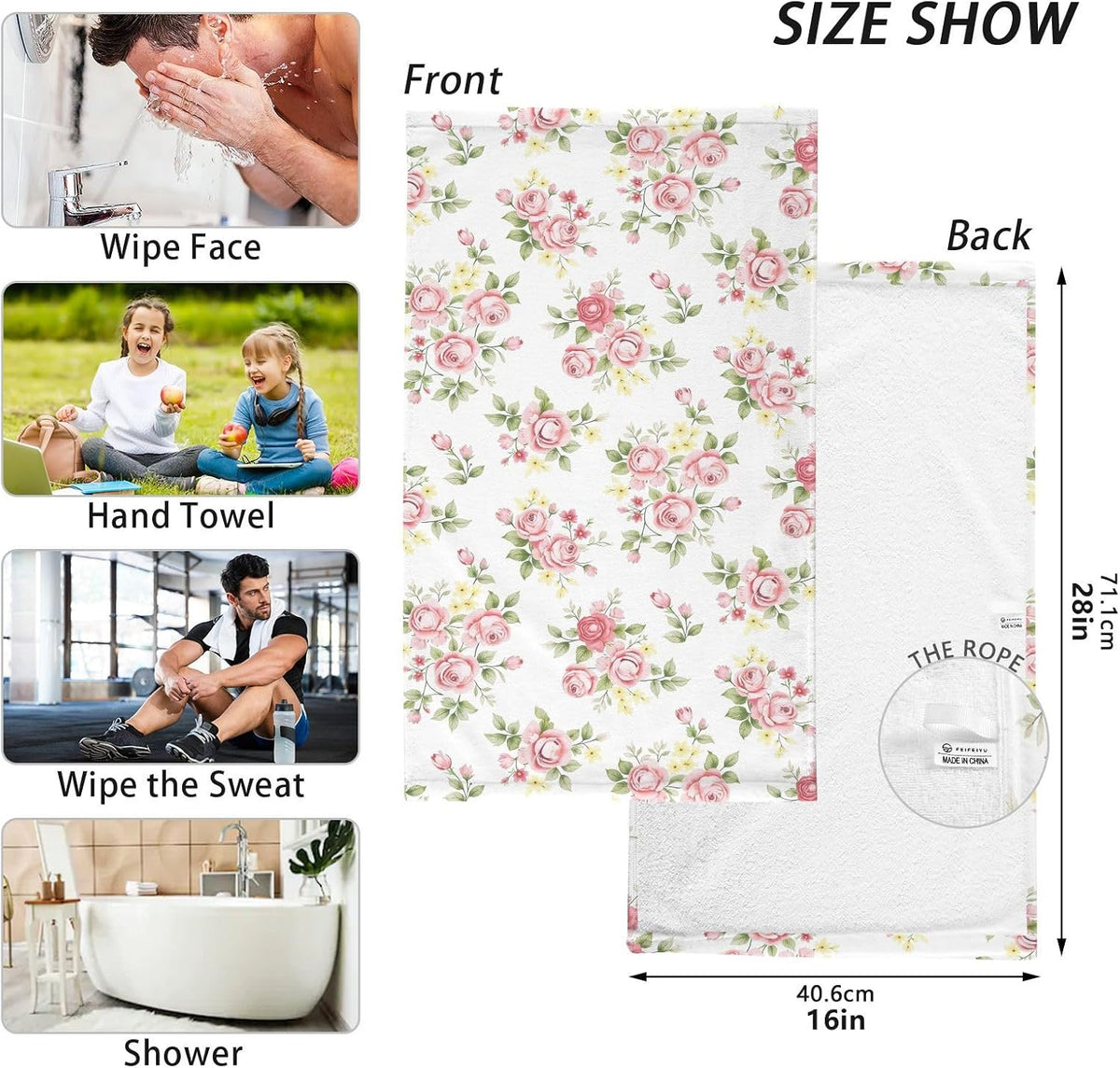 Towels Cotton Hand Towels Pack of 2, Pink Rose Flower Floral Ultra Soft Highly Absorbent Towels for Bathroom, 16x28 Inches