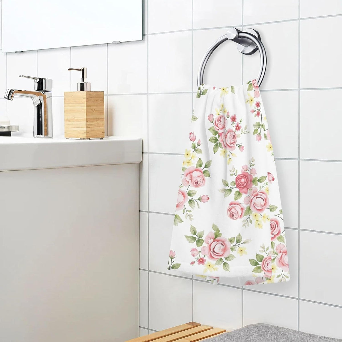 Towels Cotton Hand Towels Pack of 2, Pink Rose Flower Floral Ultra Soft Highly Absorbent Towels for Bathroom, 16x28 Inches