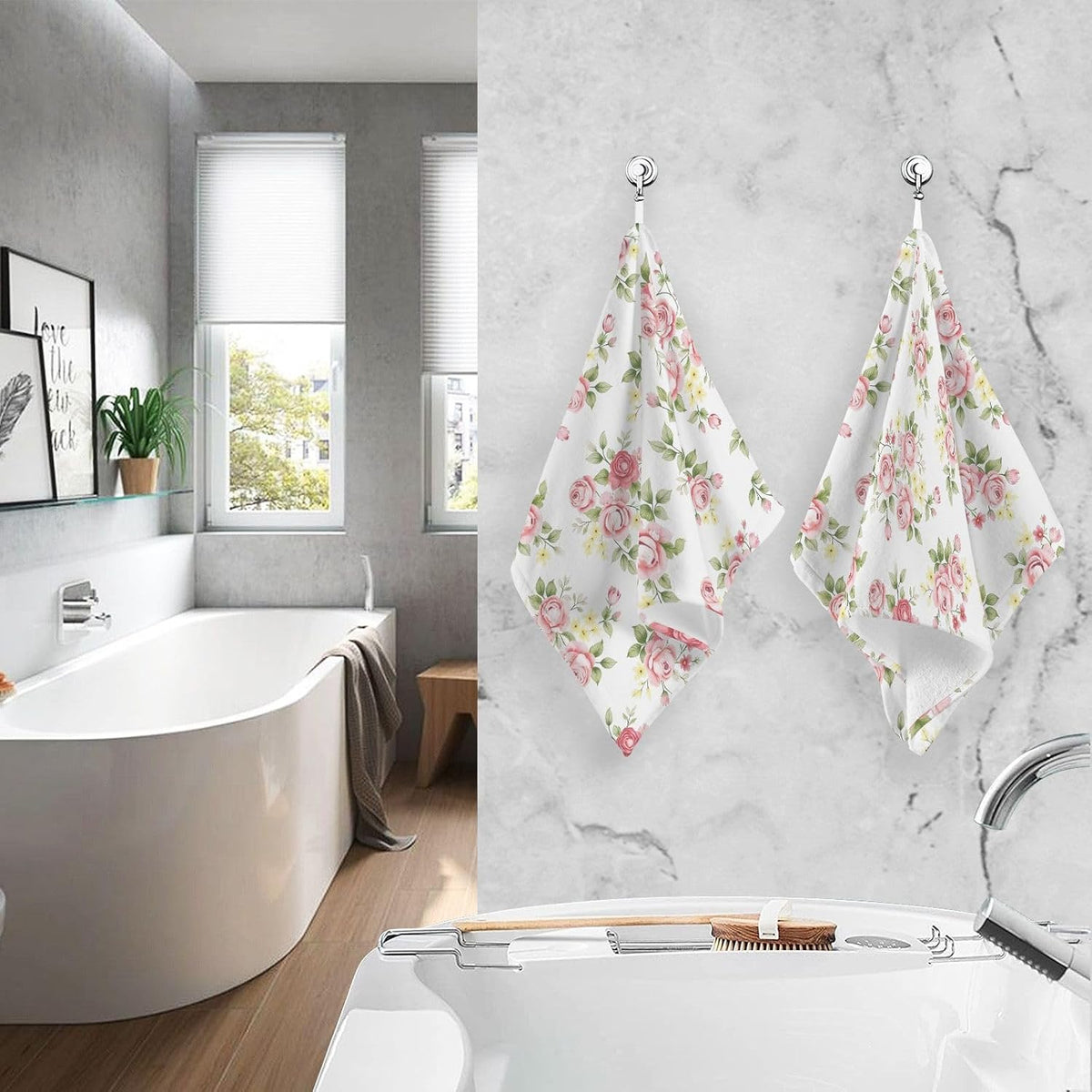 Towels Cotton Hand Towels Pack of 2, Pink Rose Flower Floral Ultra Soft Highly Absorbent Towels for Bathroom, 16x28 Inches