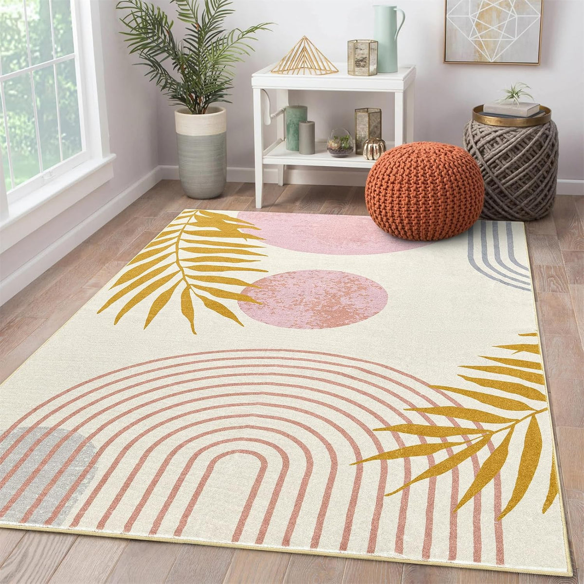 Cute Pink Nuresry Rug Washable, Boho Modern Contemporary Aesthetic 5x7 Area Rugs for Bedroom Dining Living Room Dorm, Abstract Art Tropical Leaves Thin Indoor Entryway Rug Carpet