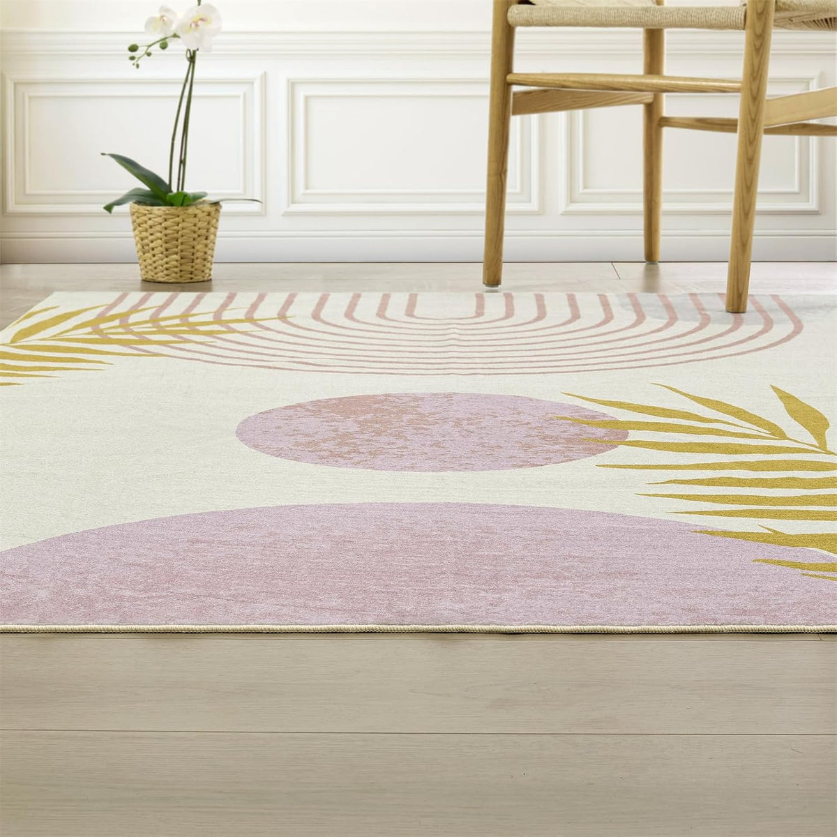 Cute Pink Nuresry Rug Washable, Boho Modern Contemporary Aesthetic 5x7 Area Rugs for Bedroom Dining Living Room Dorm, Abstract Art Tropical Leaves Thin Indoor Entryway Rug Carpet