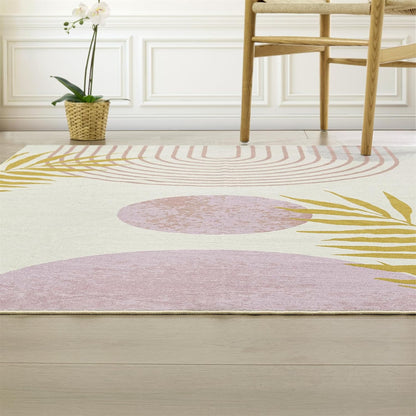 Cute Pink Nuresry Rug Washable, Boho Modern Contemporary Aesthetic 5x7 Area Rugs for Bedroom Dining Living Room Dorm, Abstract Art Tropical Leaves Thin Indoor Entryway Rug Carpet