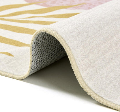 Cute Pink Nuresry Rug Washable, Boho Modern Contemporary Aesthetic 5x7 Area Rugs for Bedroom Dining Living Room Dorm, Abstract Art Tropical Leaves Thin Indoor Entryway Rug Carpet