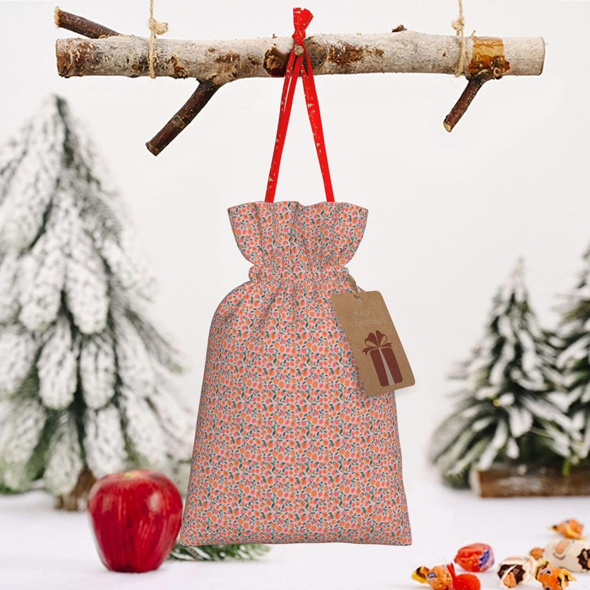 Pink Peach Pattern Seamless Pattern Printing Christmas Drawstring Gift Bags For Holiday Xmas Birthday Party Present Sacks