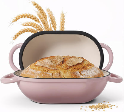 2 QT Oval Dutch Oven for Bread Baking,Enamelled Cast Iron Bread Oven for Sourdough, Sourdough Loaf Pan with Lid, Heavy-Duty Non Stick Bread Pan for Homemade Bread Baking, Pink