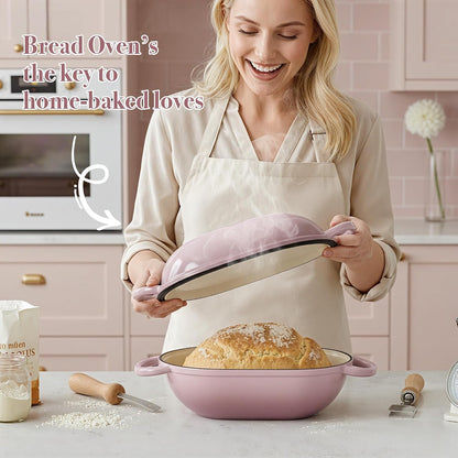 2 QT Oval Dutch Oven for Bread Baking,Enamelled Cast Iron Bread Oven for Sourdough, Sourdough Loaf Pan with Lid, Heavy-Duty Non Stick Bread Pan for Homemade Bread Baking, Pink